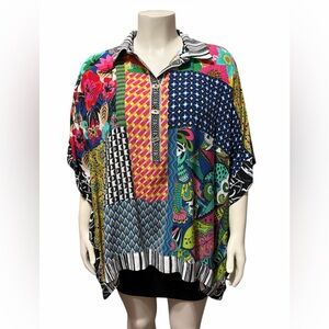 NWT John Mark 01/1X Plus Loose Button-Up Patch Print Tunic Oversized Boho